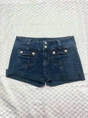Y2K BONGO Dark Navy Blue Cuffed Rolled Hem Micro Mini Denim Pocket Shorts